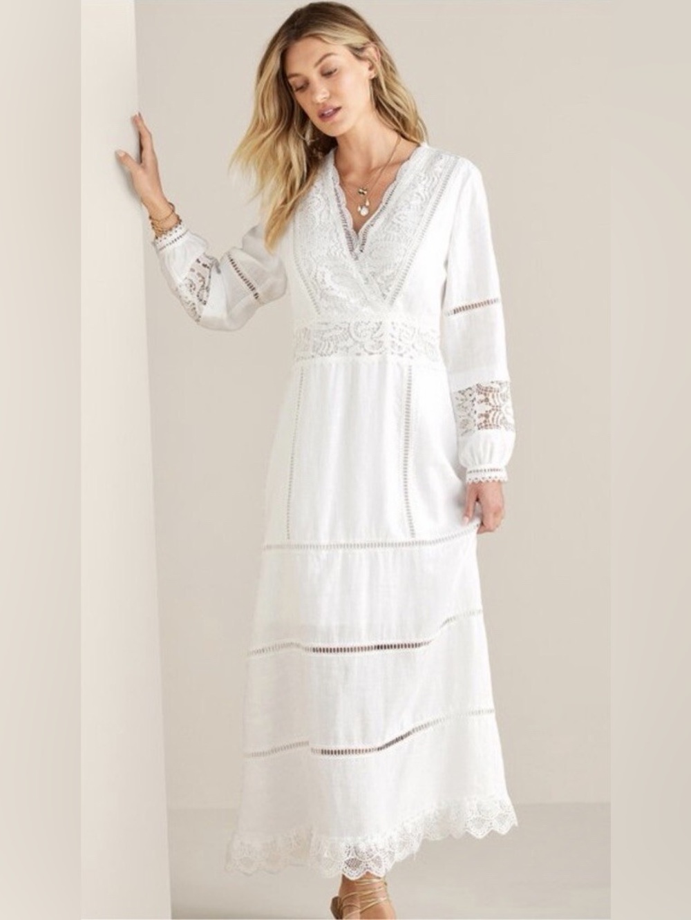 Soft Surroundings White Linen Lace Inset Boho Maxi Dress Long Sleeve Size 6P